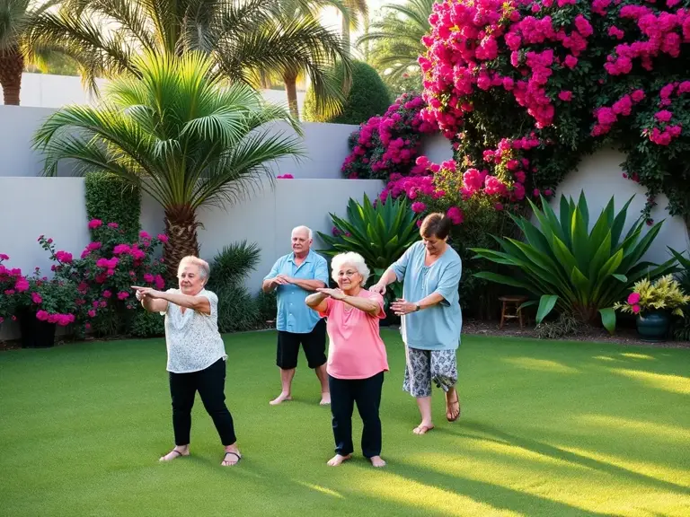Sesión de fisioterapia para adultos mayores en el jardín de Residencia Oasis Cuernavaca